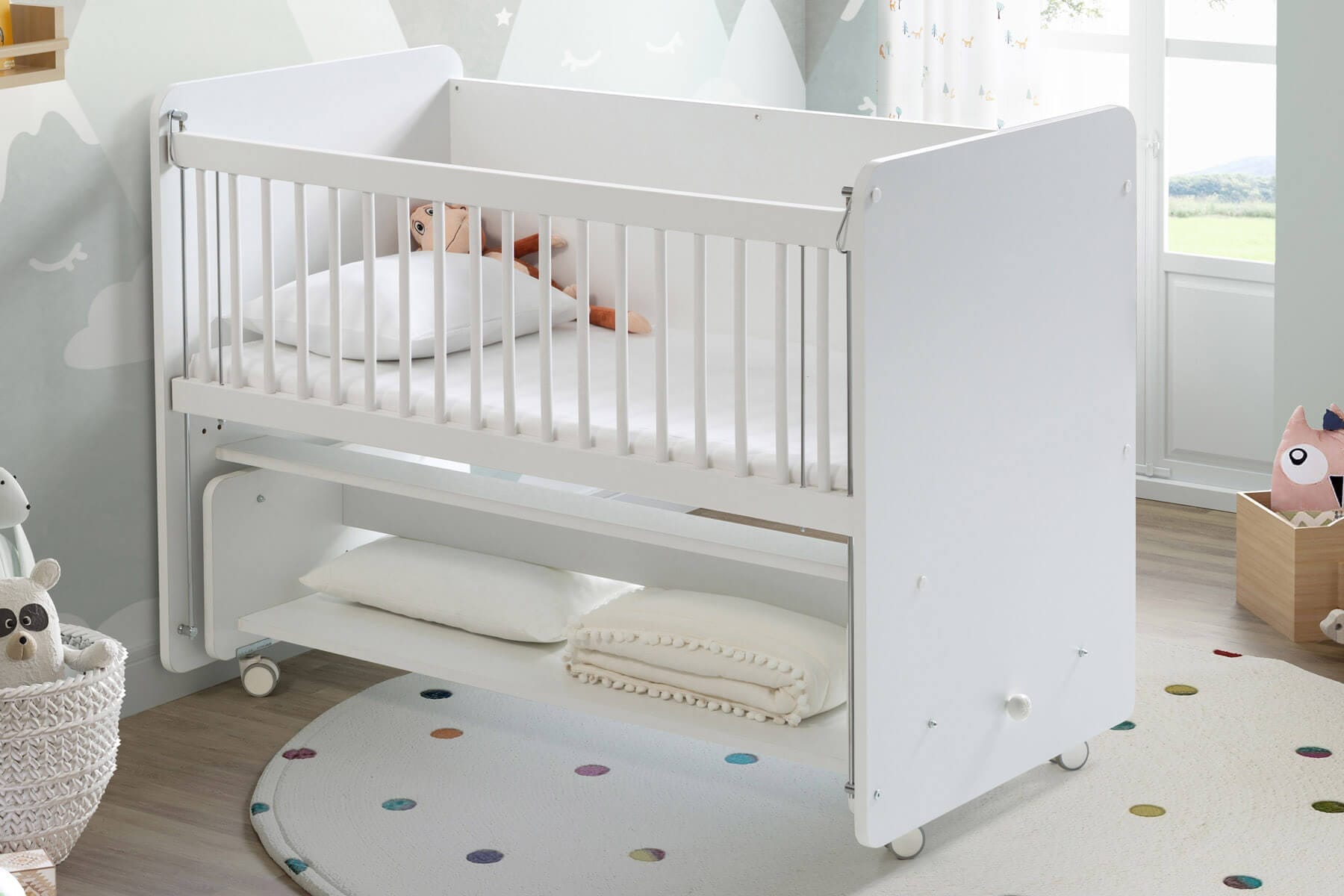 BW1090 White Rocking Mother Side Crib with wheels 120 X60Â - Image 3
