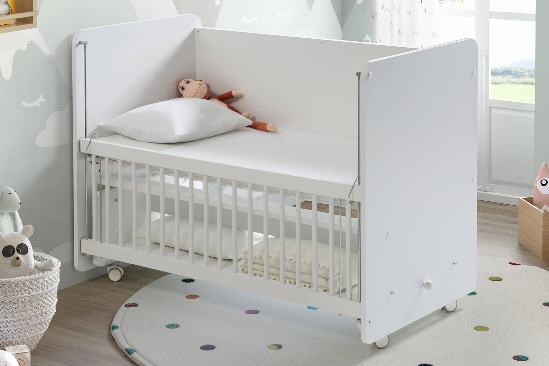 BW1090 White Rocking Mother Side Crib with wheels 120 X60Â - Image 4