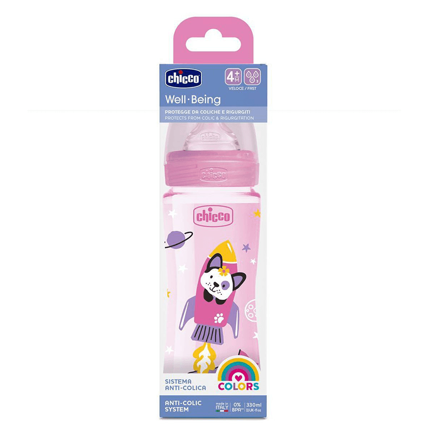 Chicco Well Being plastic baby bottle with fast flow silicone nipple, Pink (330 ml) - Image 5