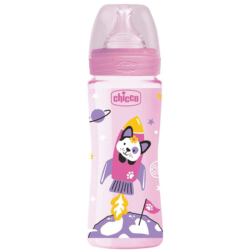 Chicco Well Being plastic baby bottle with fast flow silicone nipple, Pink (330 ml) - Image 4