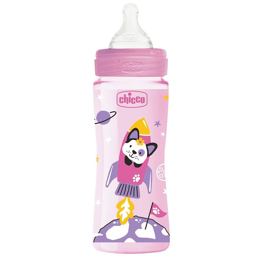 Chicco Well Being plastic baby bottle with fast flow silicone nipple, Pink (330 ml)