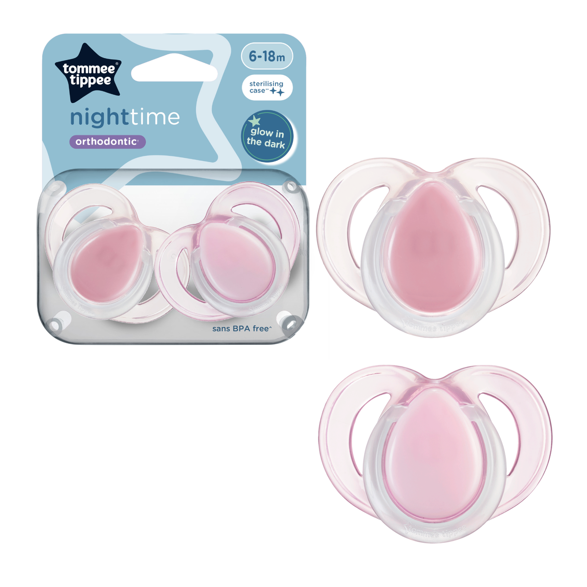 Tommee Tippee Night Time Orthodontic Soothers 6-18M, Pink