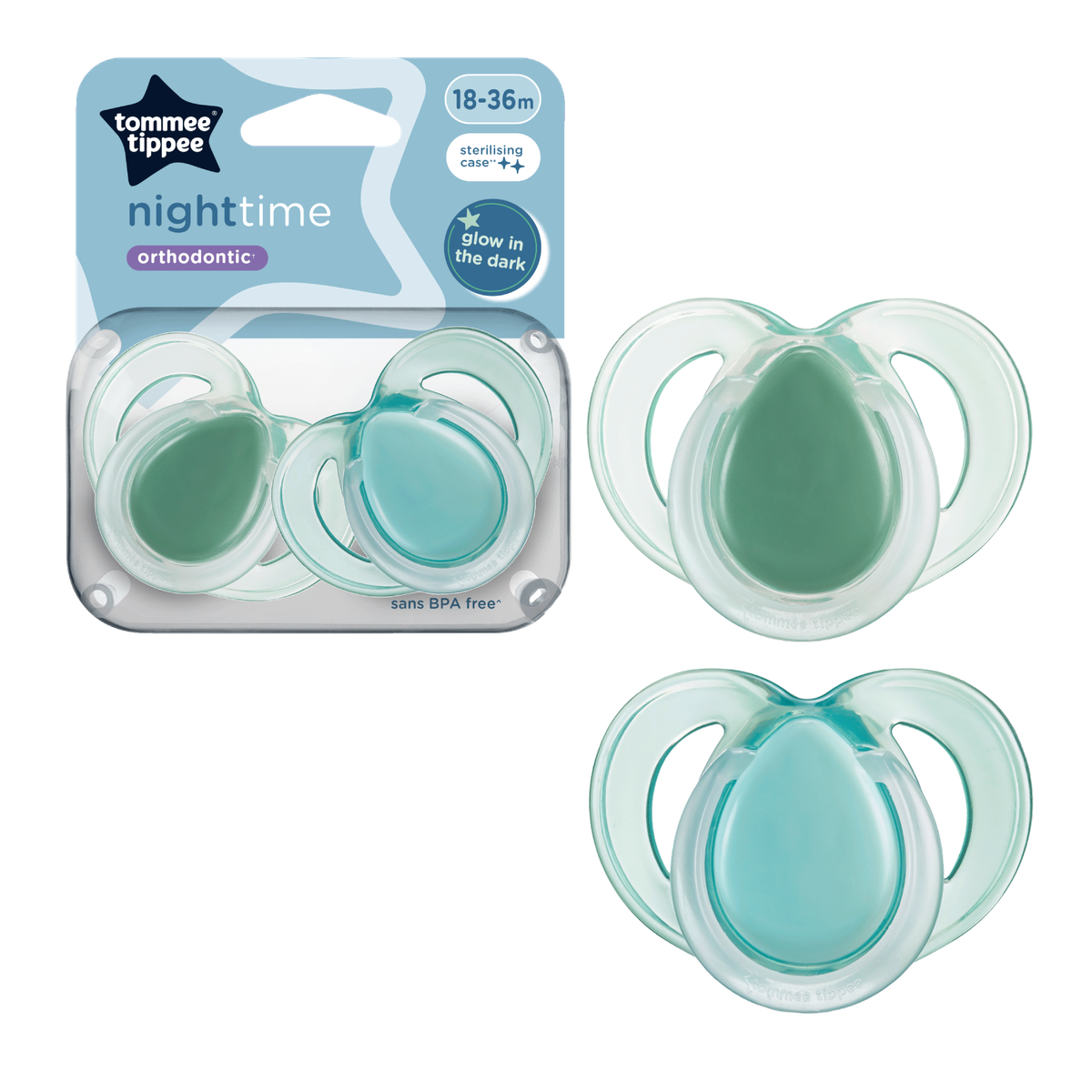 Tommee Tippee Night Time Orthodontic Soothers 18-36M, Green