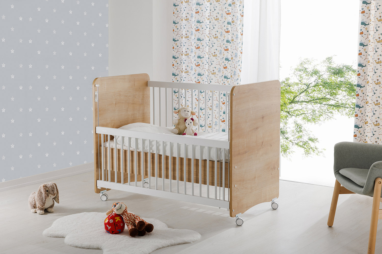 BW1066 Wooden Mother Side Crib with wheels 120 X60 - Image 2