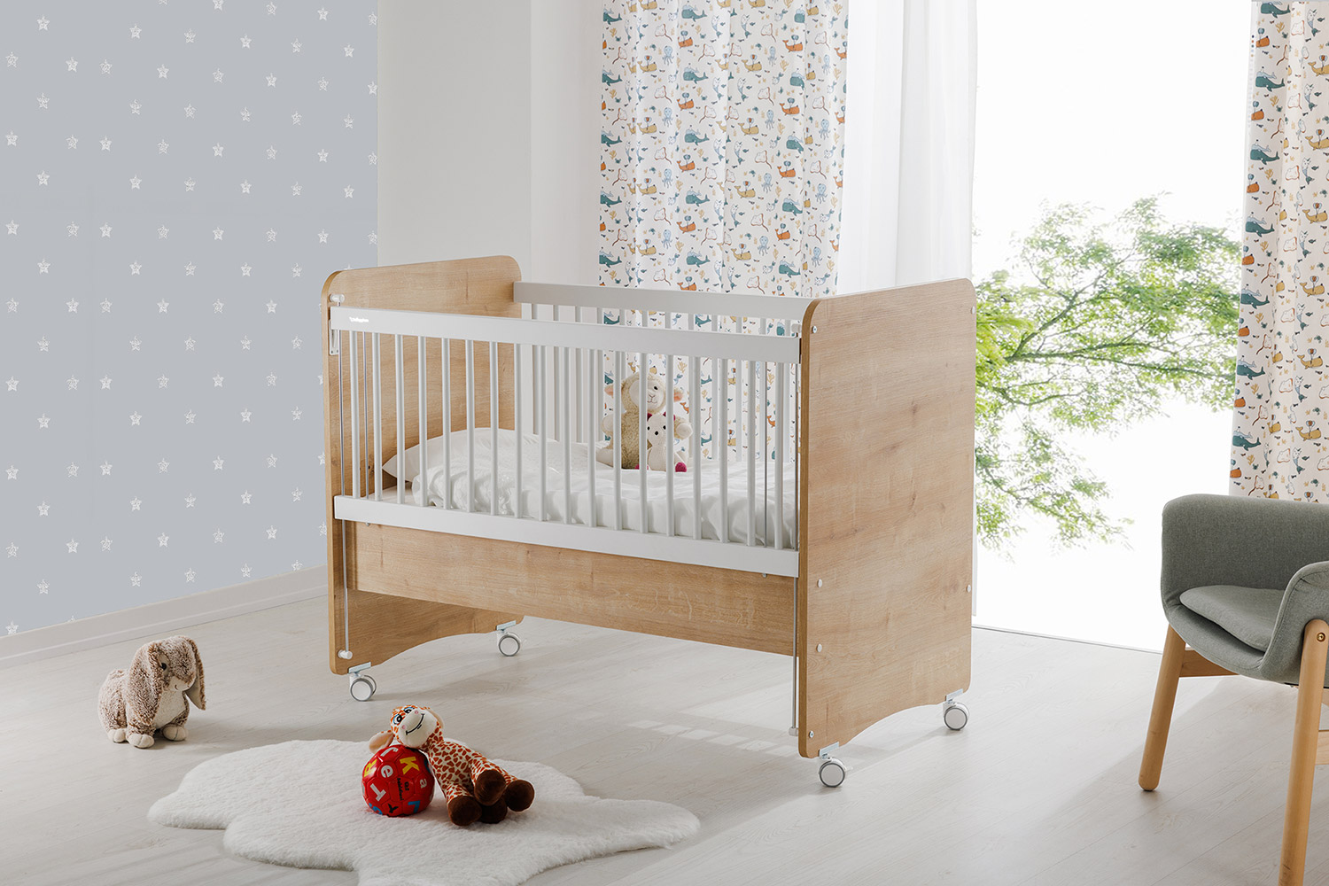 BW1066 Wooden Mother Side Crib with wheels 120 X60 - Image 3