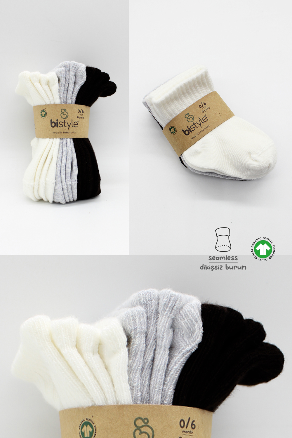 Bistyle Basic 6-Pairs Combed Flat Quarter Socks (6-12 m) (Black, Grey, Beige) - Image 7