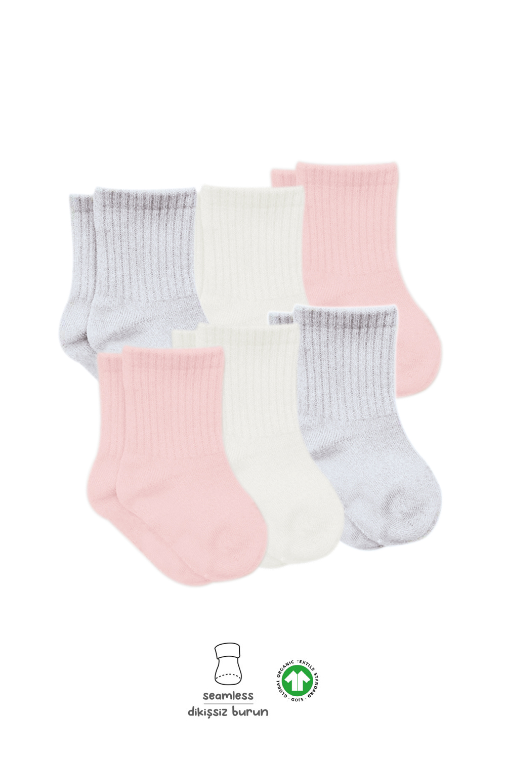Bistyle Basic 6-Pairs Combed Flat Quarter Socks (0-6 m) (Pink, Grey, Beige) - Image 3