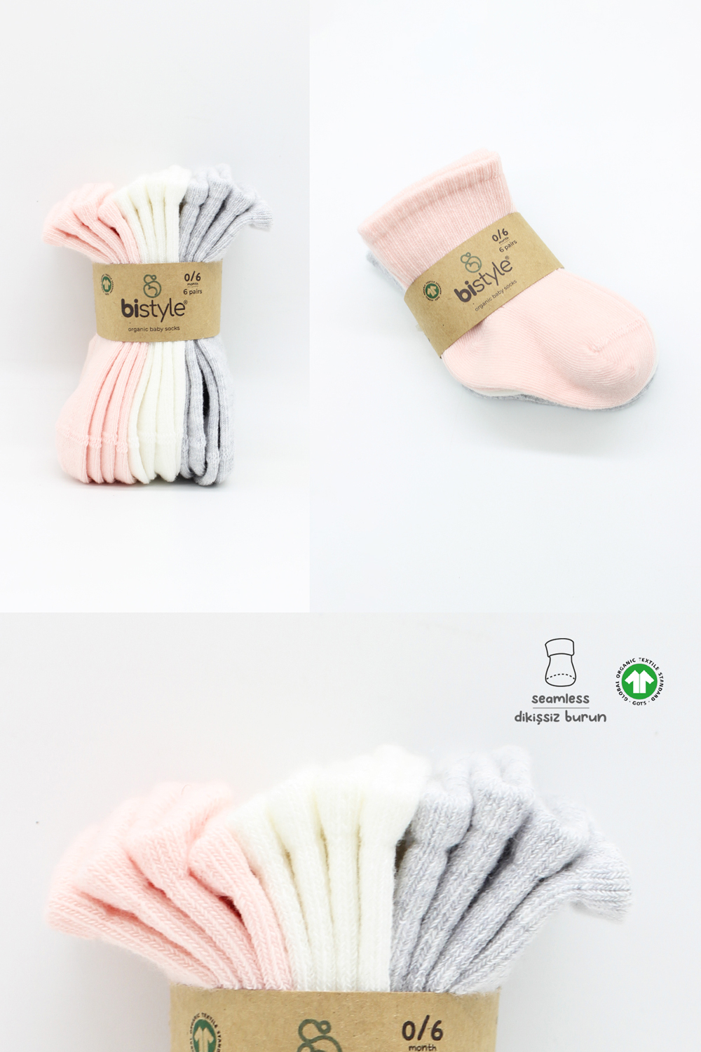 Bistyle Basic 6-Pairs Combed Flat Quarter Socks (0-6 m) (Pink, Grey, Beige) - Image 7