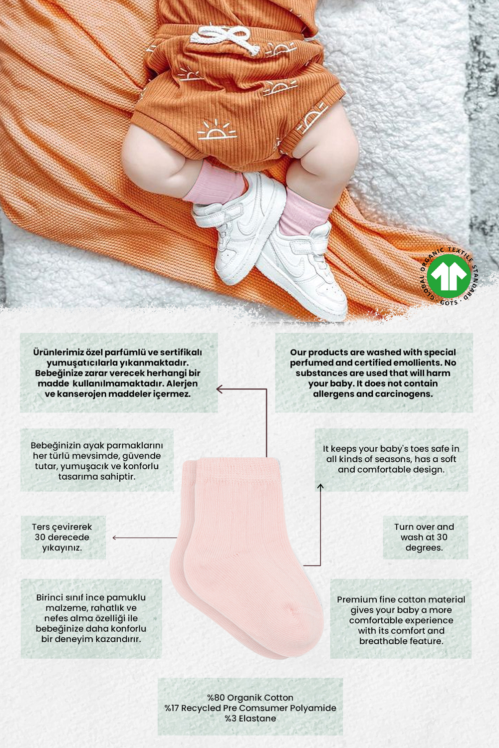 Bistyle Organic 2-Pairs Combed Socks (0-6 m) Pink - Image 2