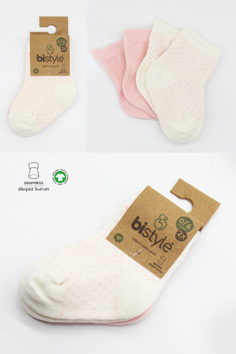 Bistyle Organic 2-Pairs Combed Socks (0-6 m) Pink - Image 7