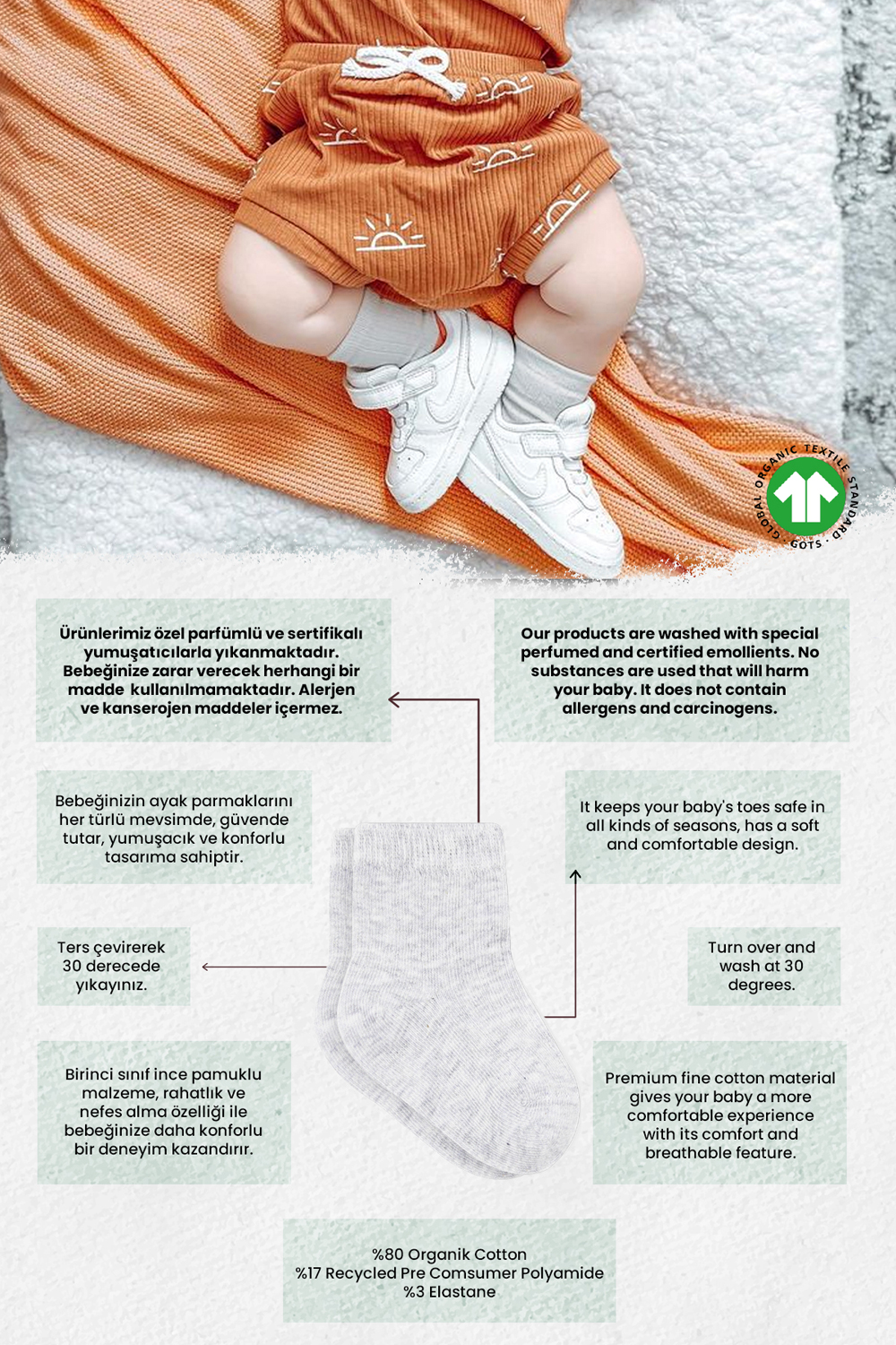 Bistyle Organic 2-Pairs Combed Socks (24-36 m) Grey - Image 2