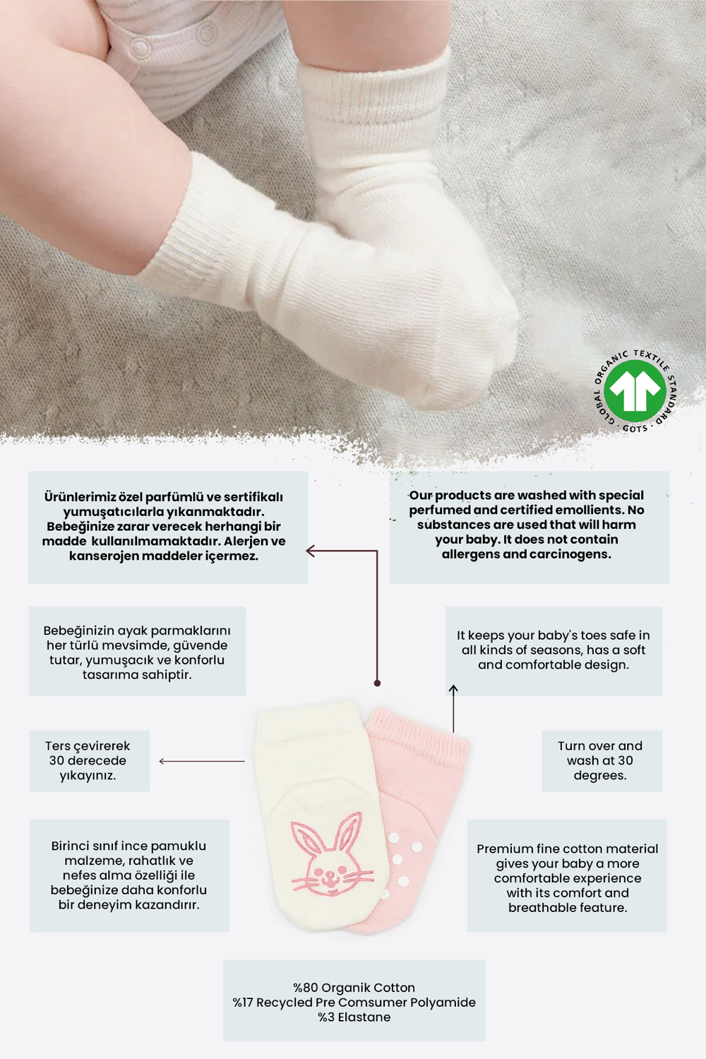 Bistyle Organic 2-Pairs Combed Non-slip Socks (6-12 m) Pink - Image 2