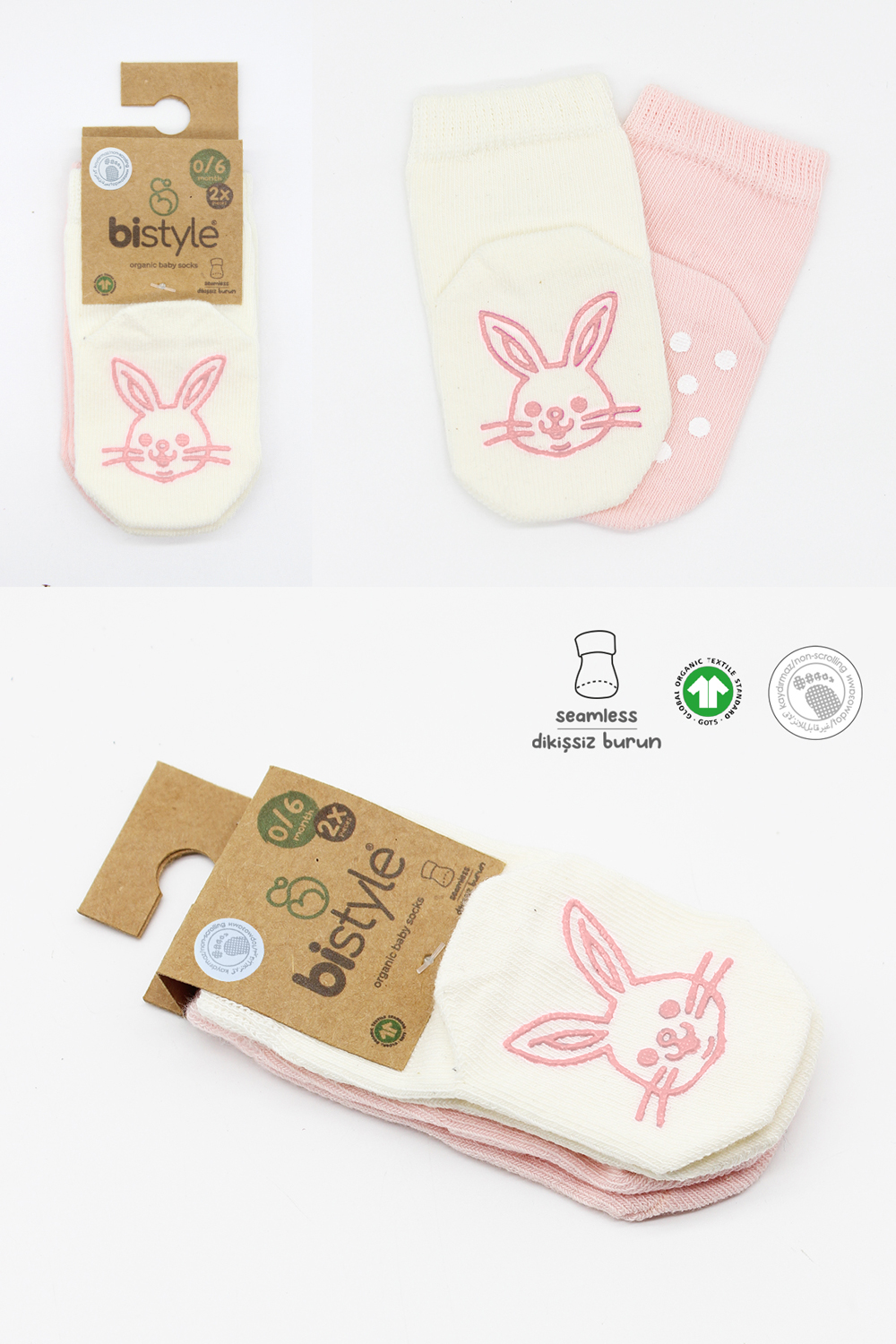 Bistyle Organic 2-Pairs Combed Non-slip Socks (6-12 m) Pink - Image 7