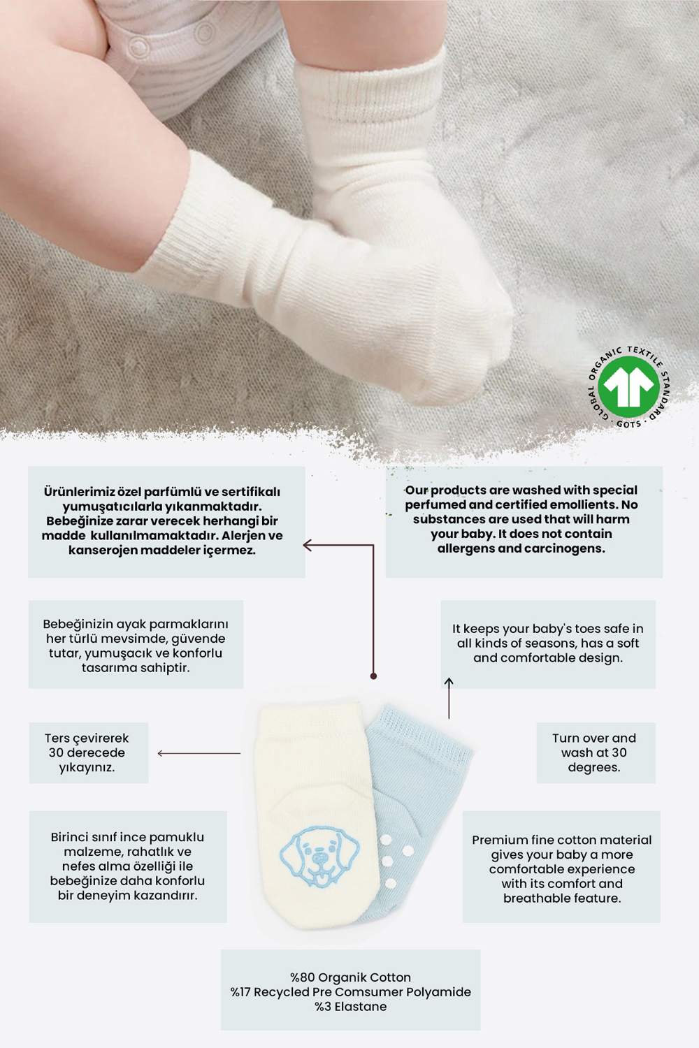 Bistyle Organic 2-Pairs Combed Non-slip Socks (0-6 m) Blue - Image 2