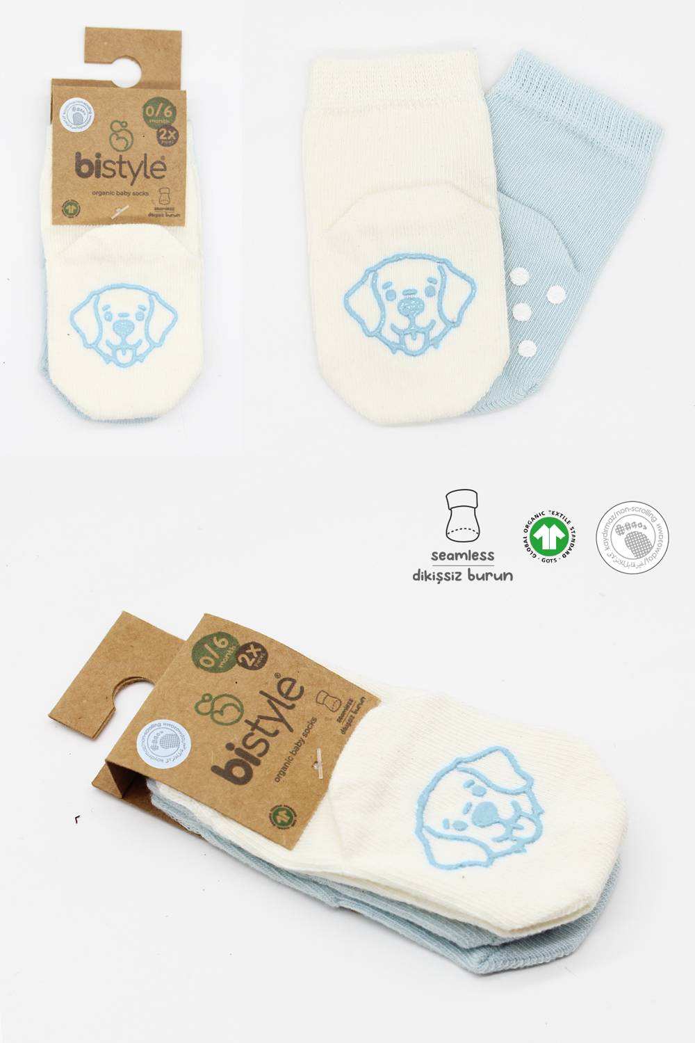 Bistyle Organic 2-Pairs Combed Non-slip Socks (0-6 m) Blue - Image 7