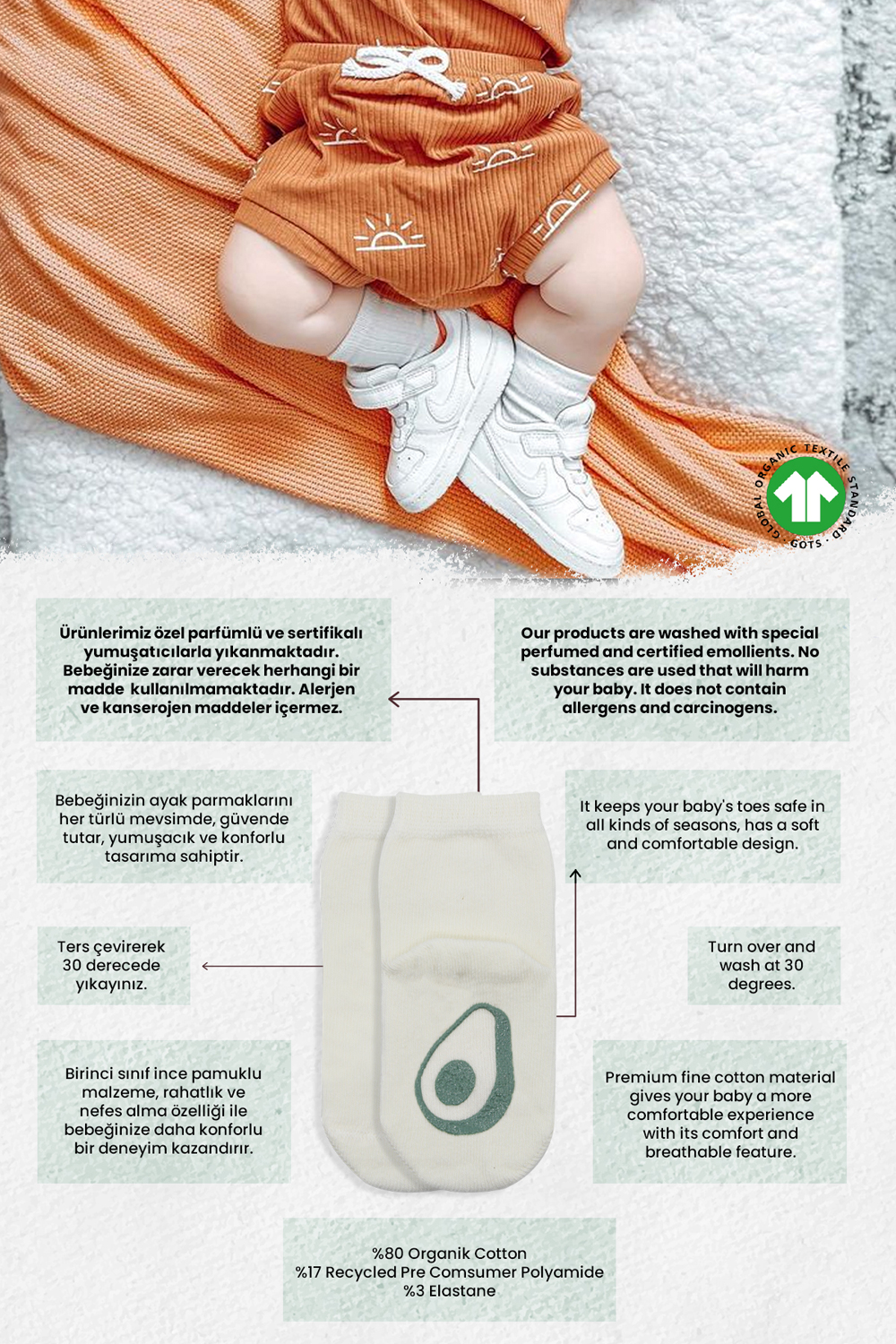 Bistyle Organic 2-Pairs Combed Non-slip Socks (24-36 m) Green - Image 2