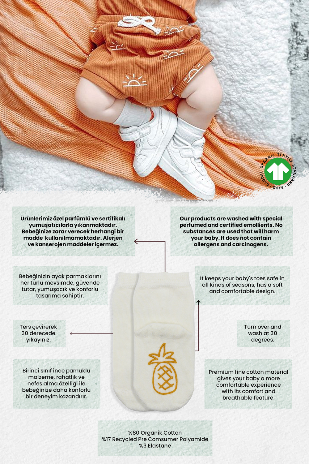 Bistyle Organic 2-Pairs Combed Non-slip Socks (0-6 m) Yellow - Image 2