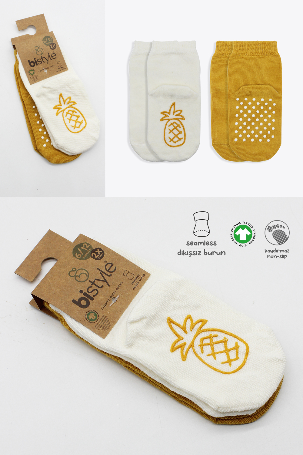 Bistyle Organic 2-Pairs Combed Non-slip Socks (0-6 m) Yellow - Image 7