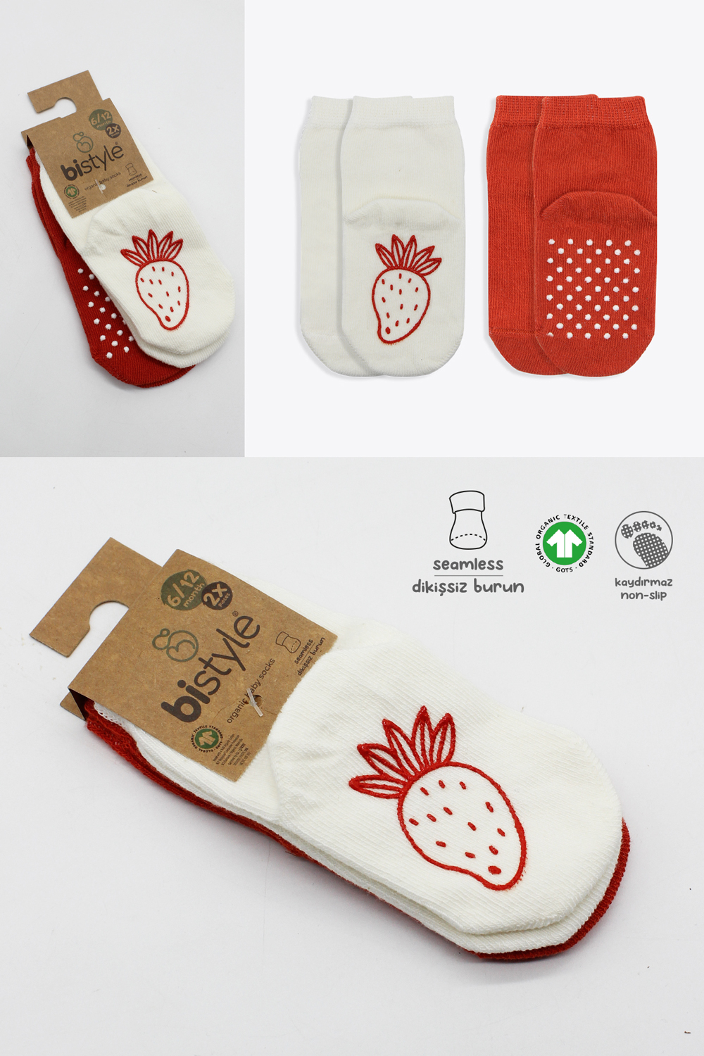Bistyle Organic 2-Pairs Combed Non-slip Socks (0-6 m) Red - Image 7