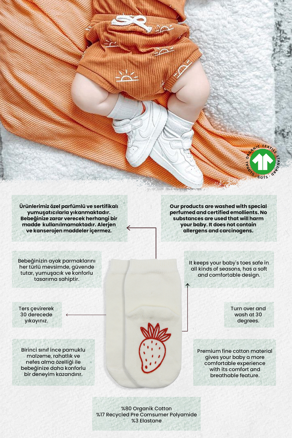 Bistyle Organic 2-Pairs Combed Non-slip Socks (12-24 m) Red - Image 2