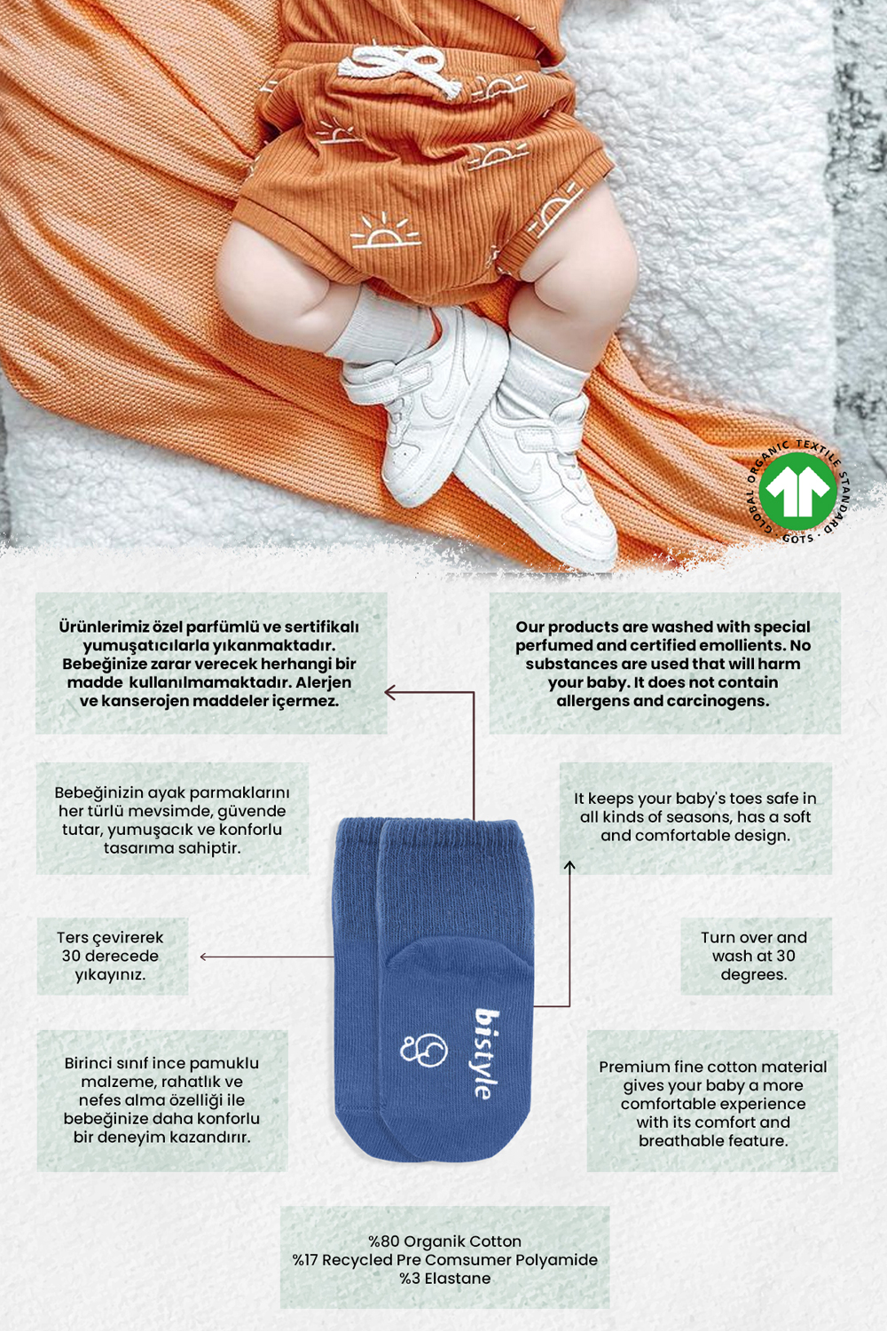 Bistyle Organic 3-Pairs Basic Non-slip Socks (0-6 m) (Blue, Orange, Beige) - Image 2