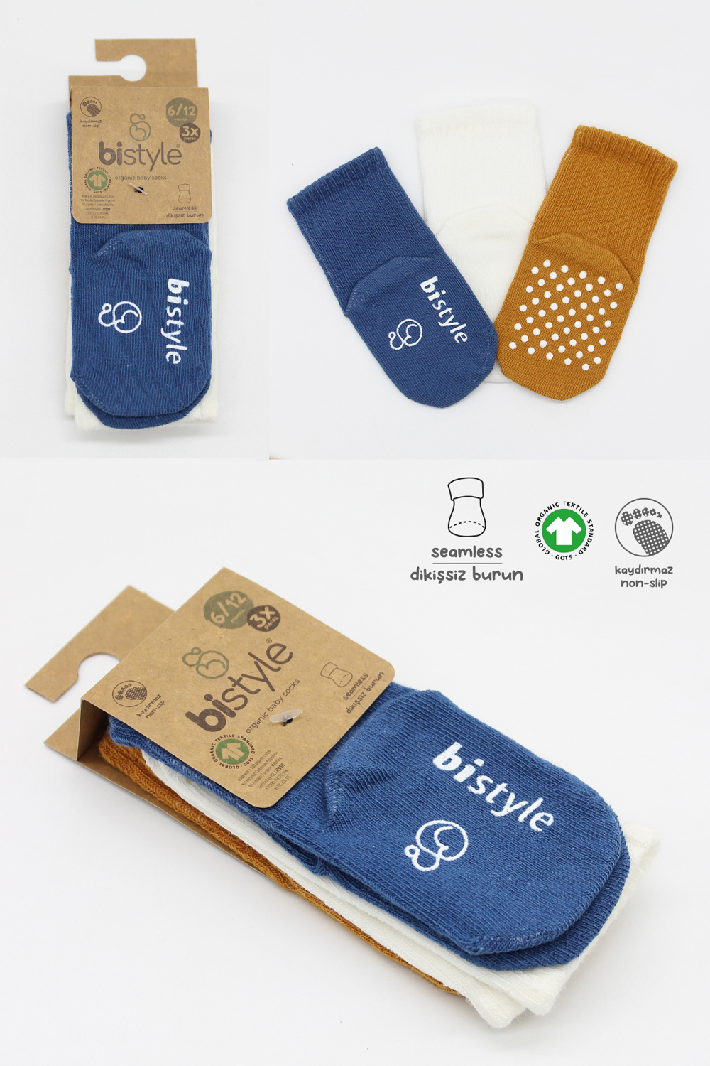 Bistyle Organic 3-Pairs Basic Non-slip Socks (0-6 m) (Blue, Orange, Beige) - Image 7