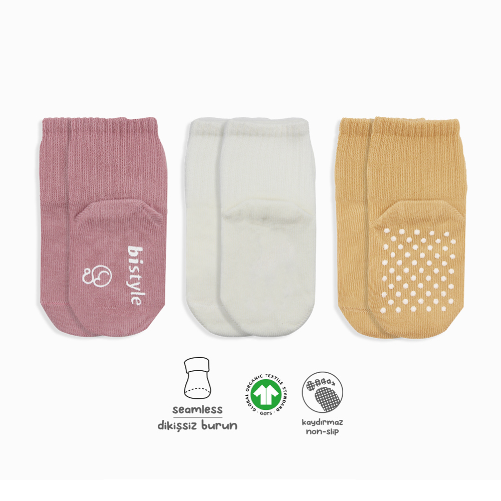 Bistyle Organic 3-Pairs Basic Non-slip Socks (24-36 m) (Pink, Orange, Beige)