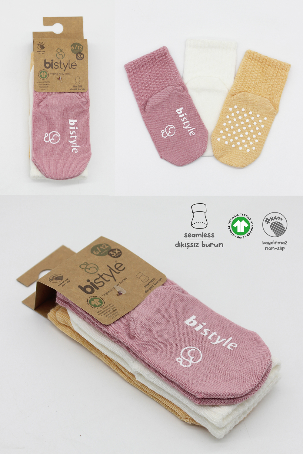 Bistyle Organic 3-Pairs Basic Non-slip Socks (24-36 m) (Pink, Orange, Beige) - Image 7