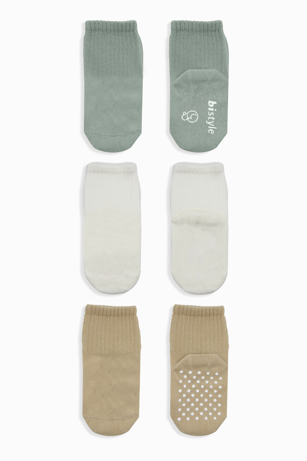 Bistyle Organic 3-Pairs Basic Non-slip Socks (6-12 m) (Green, Brown, Beige) - Image 3