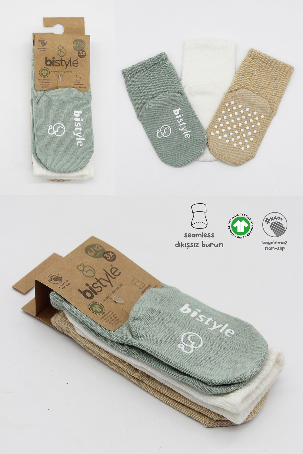 Bistyle Organic 3-Pairs Basic Non-slip Socks (6-12 m) (Green, Brown, Beige) - Image 7