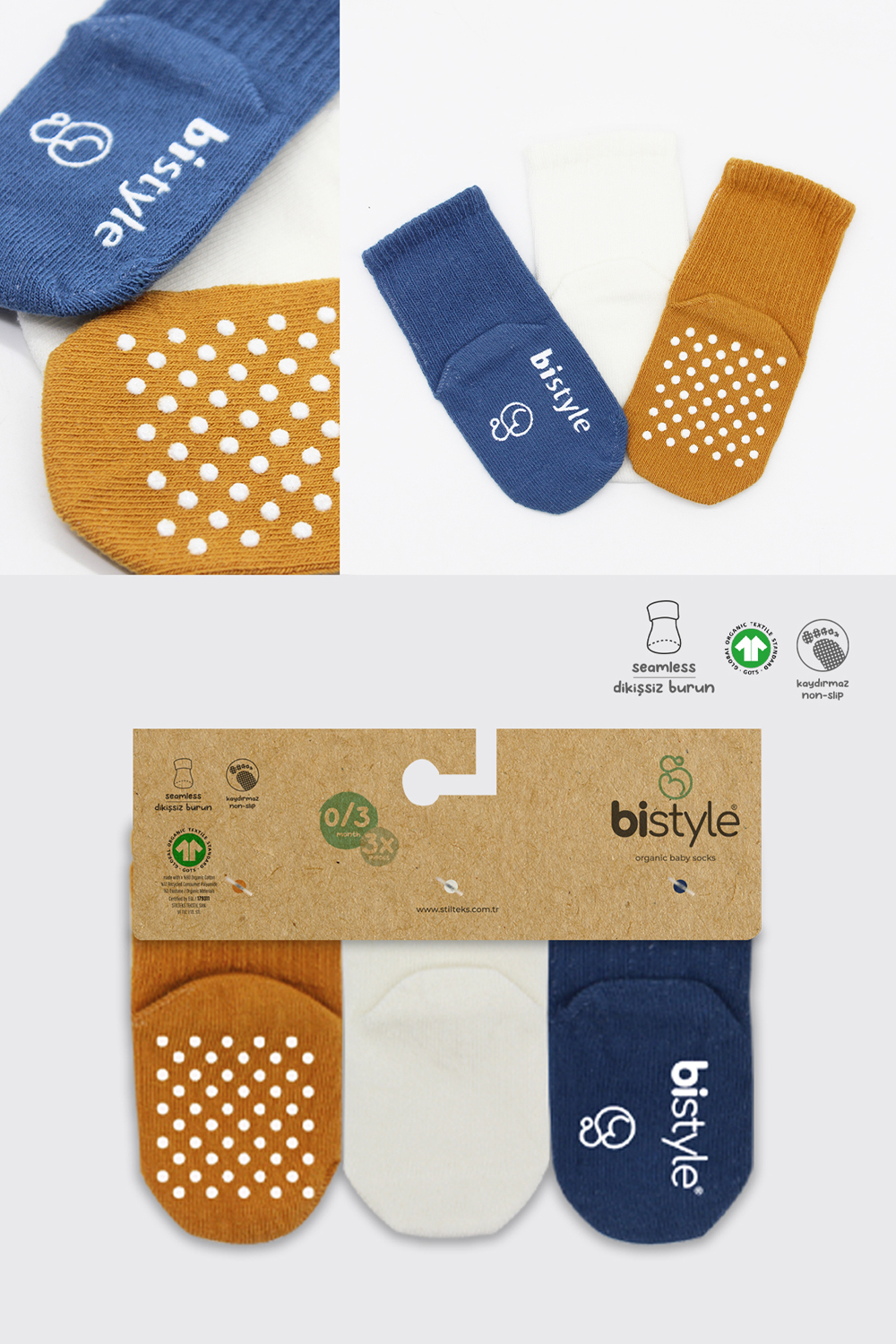 Bistyle Organic 3-Pairs Basic Non-slip Socks (0-3 m) (Blue, Orange, Beige) - Image 7