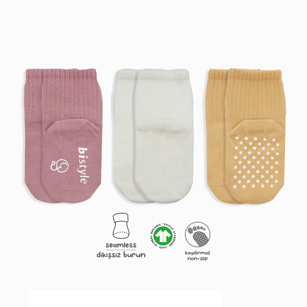Bistyle Organic 3-Pairs Basic Non-slip Socks (0-3 m) (Pink, Orange, Beige)