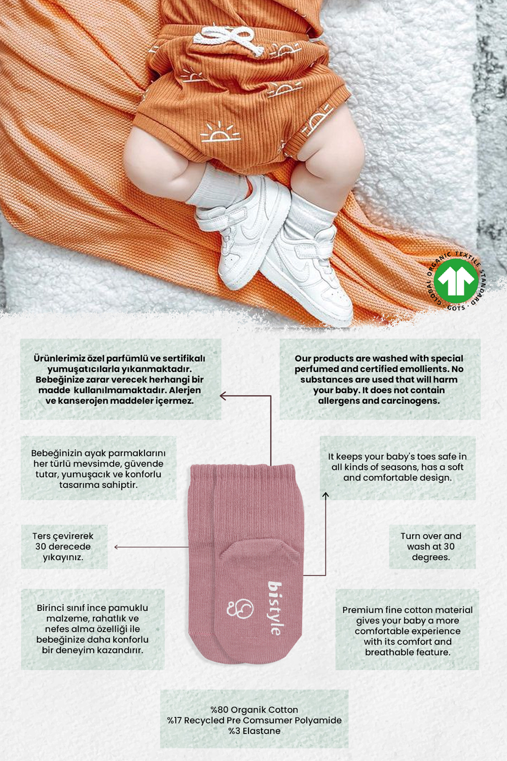 Bistyle Organic 3-Pairs Basic Non-slip Socks (0-3 m) (Pink, Orange, Beige) - Image 2