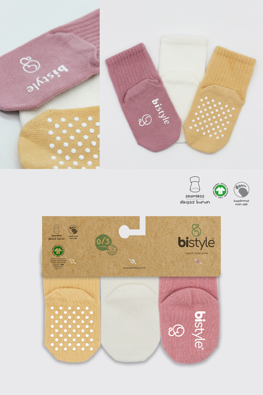 Bistyle Organic 3-Pairs Basic Non-slip Socks (0-3 m) (Pink, Orange, Beige) - Image 7
