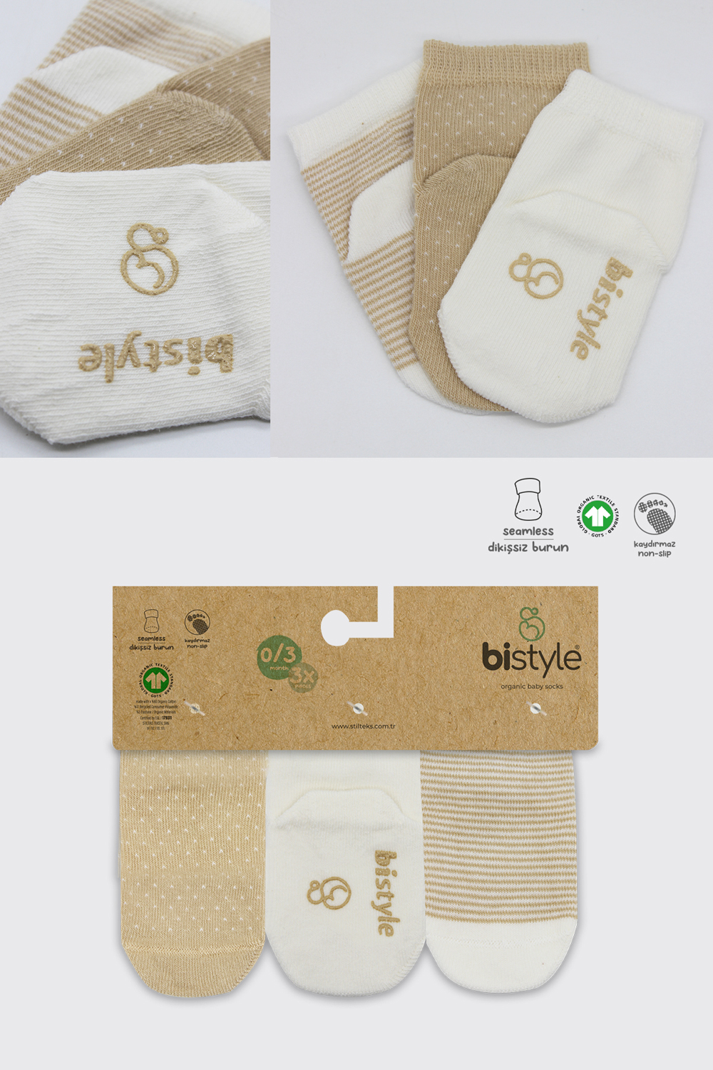 Bistyle Organic 3-Pairs Basic Socks (0-3 m) Brown - Image 7