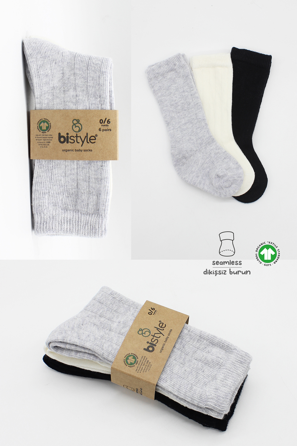 Bistyle 3-Pairs Knee Socks (12-24 m) (Black, Grey, Beige) - Image 6