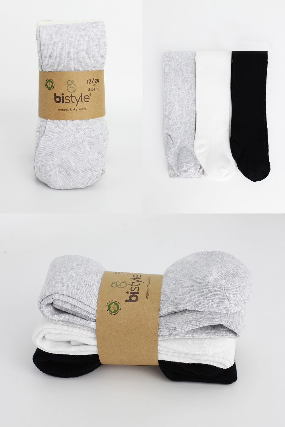 Bistyle 3-Pairs Combed Cotton Tights (6-12) (Black, Grey, White) - Image 2