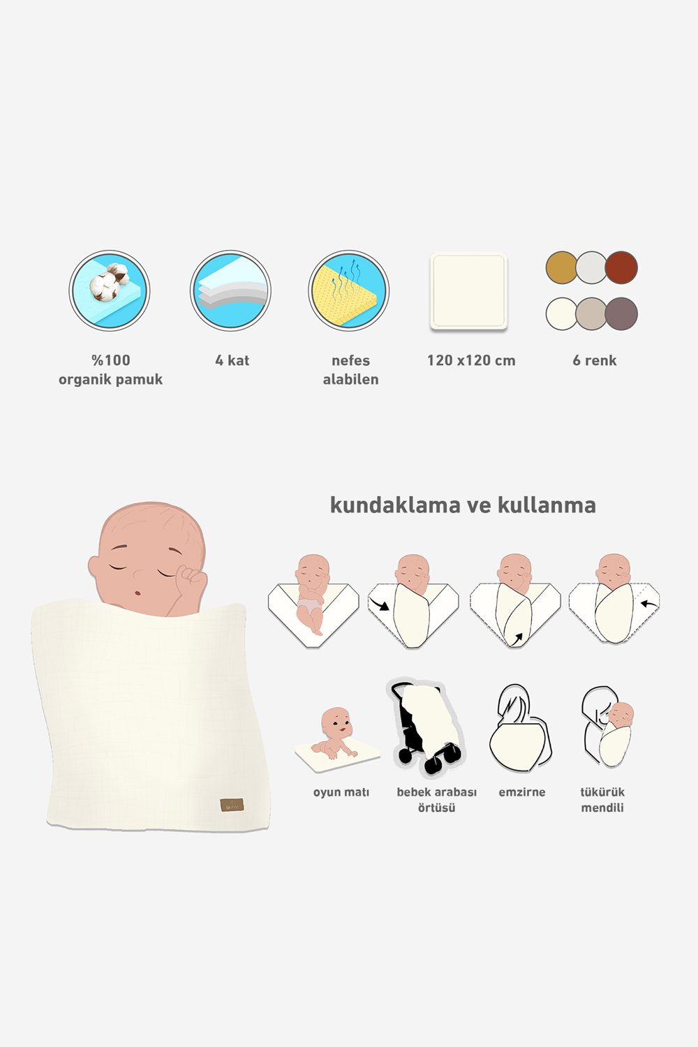 Bistyle Organic Muslin 4 Layers Blanket (120x120 cm) Cream - Image 2