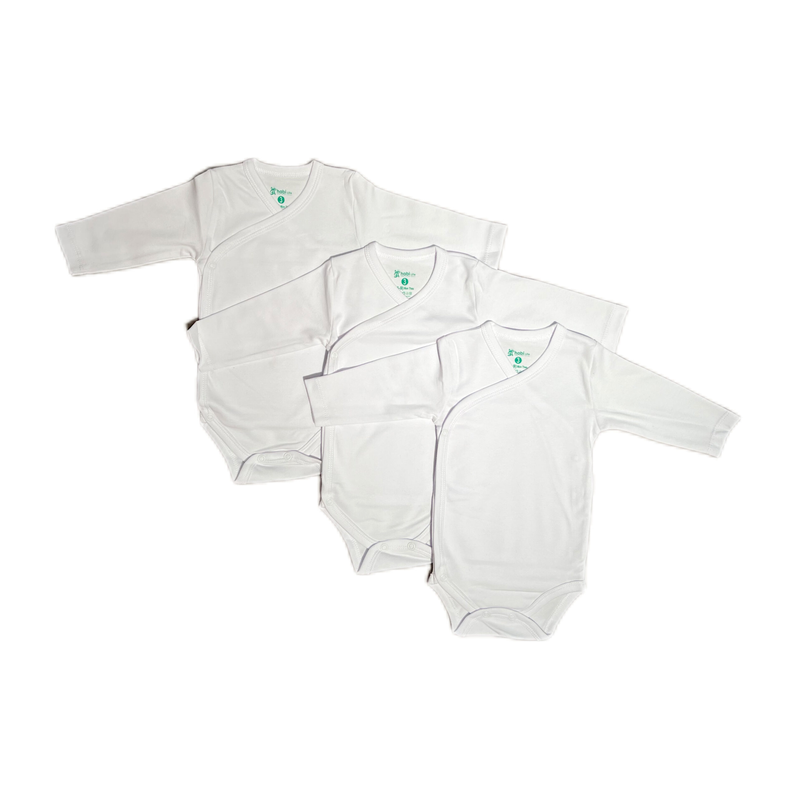 Habi Life Long-Sleeved Bodysuits, 3 Pack, White (6-9 m)