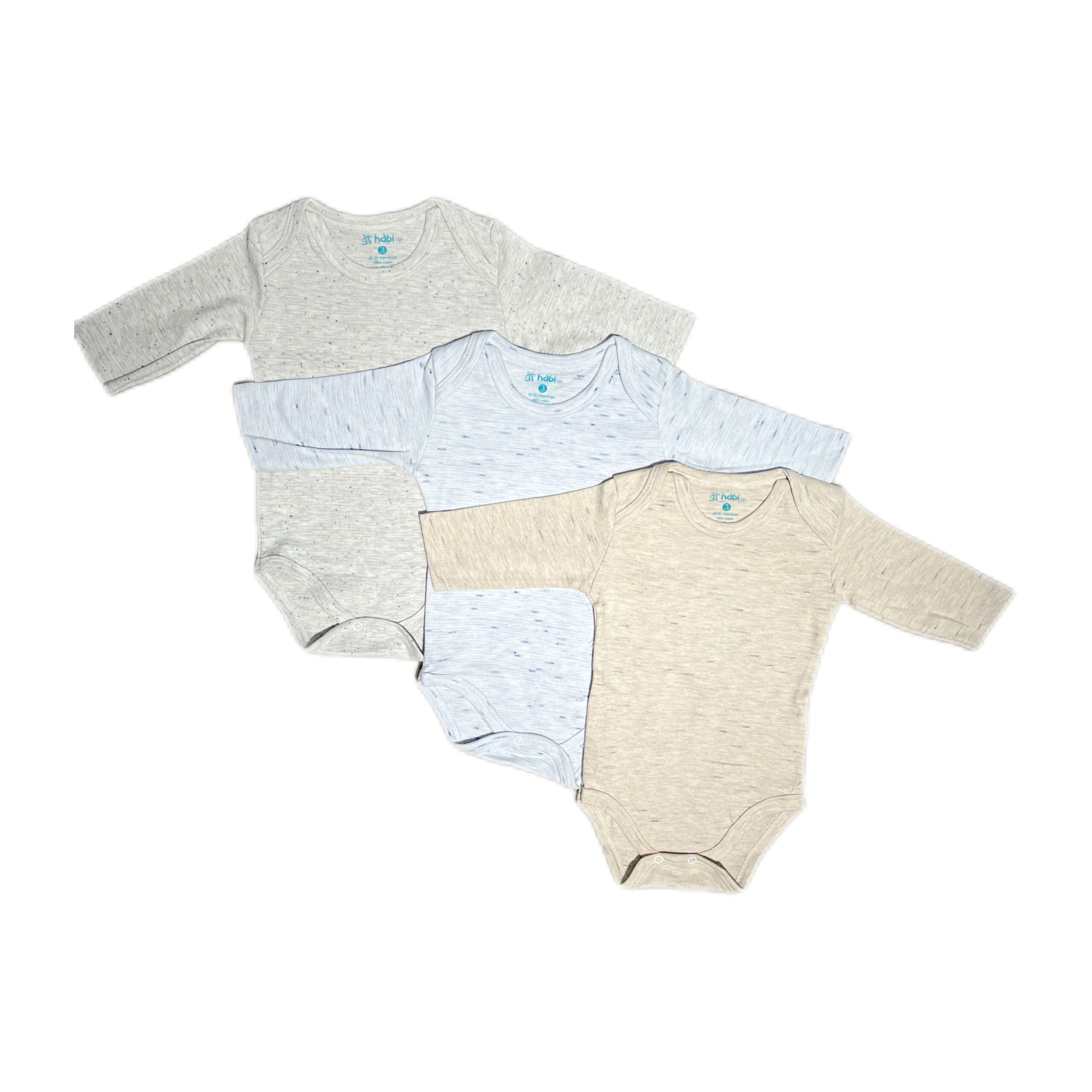 Habi Life Long-Sleeved Bodysuits, 3 Pack, Blue (6-9 m)