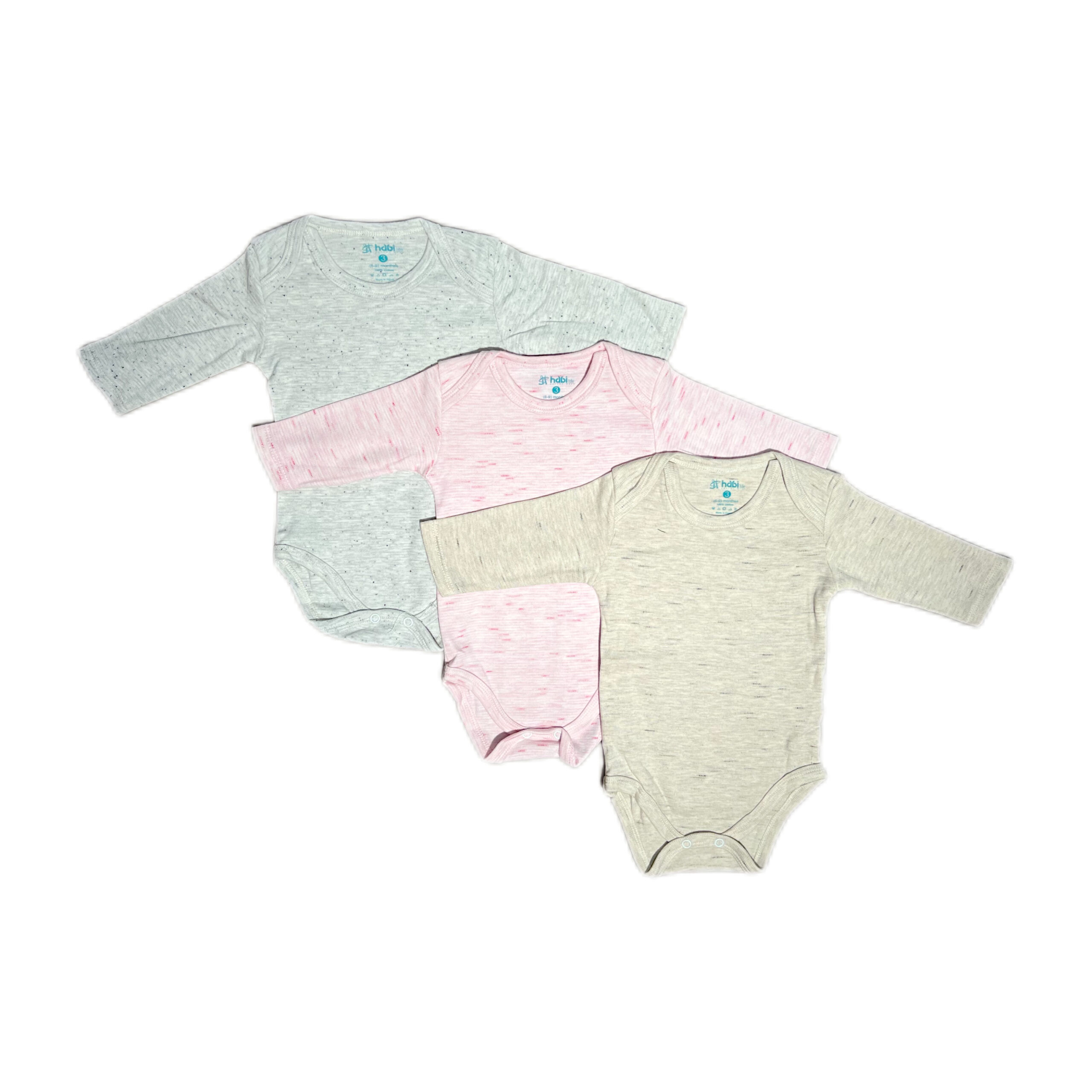 Habi Life Long-Sleeved Bodysuits, 3 Pack, Pink (6-9 m)