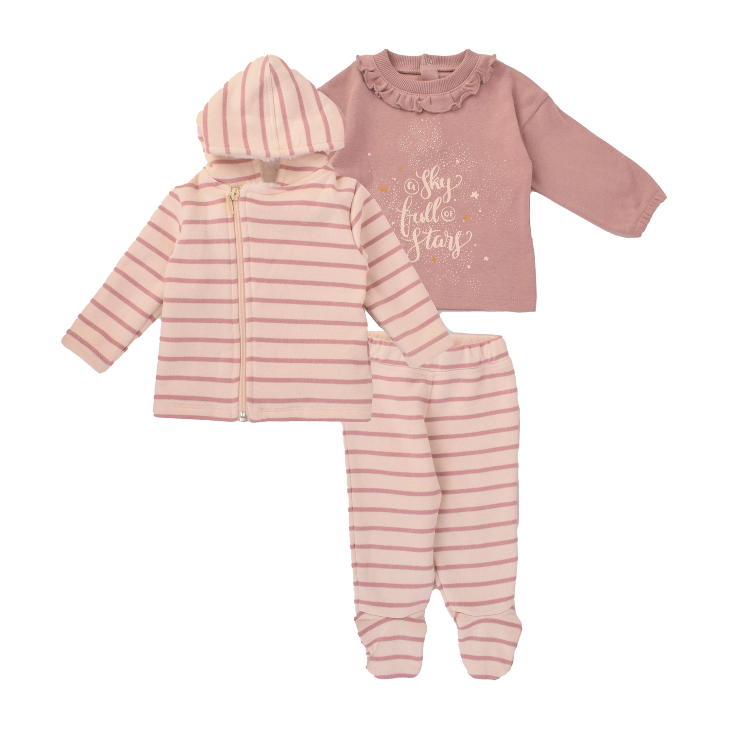 Junior Pink Stripe Printed Pajamas & Hoodi Jacket (3-6 m)