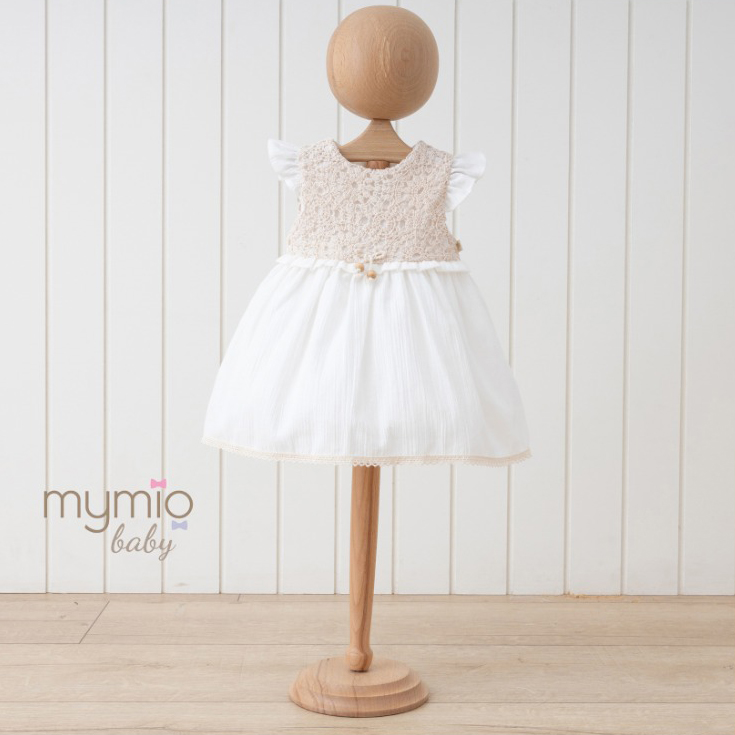 Mymio Short Sleeve Baby Girl Dress, (3908), Beige, 12 Months
