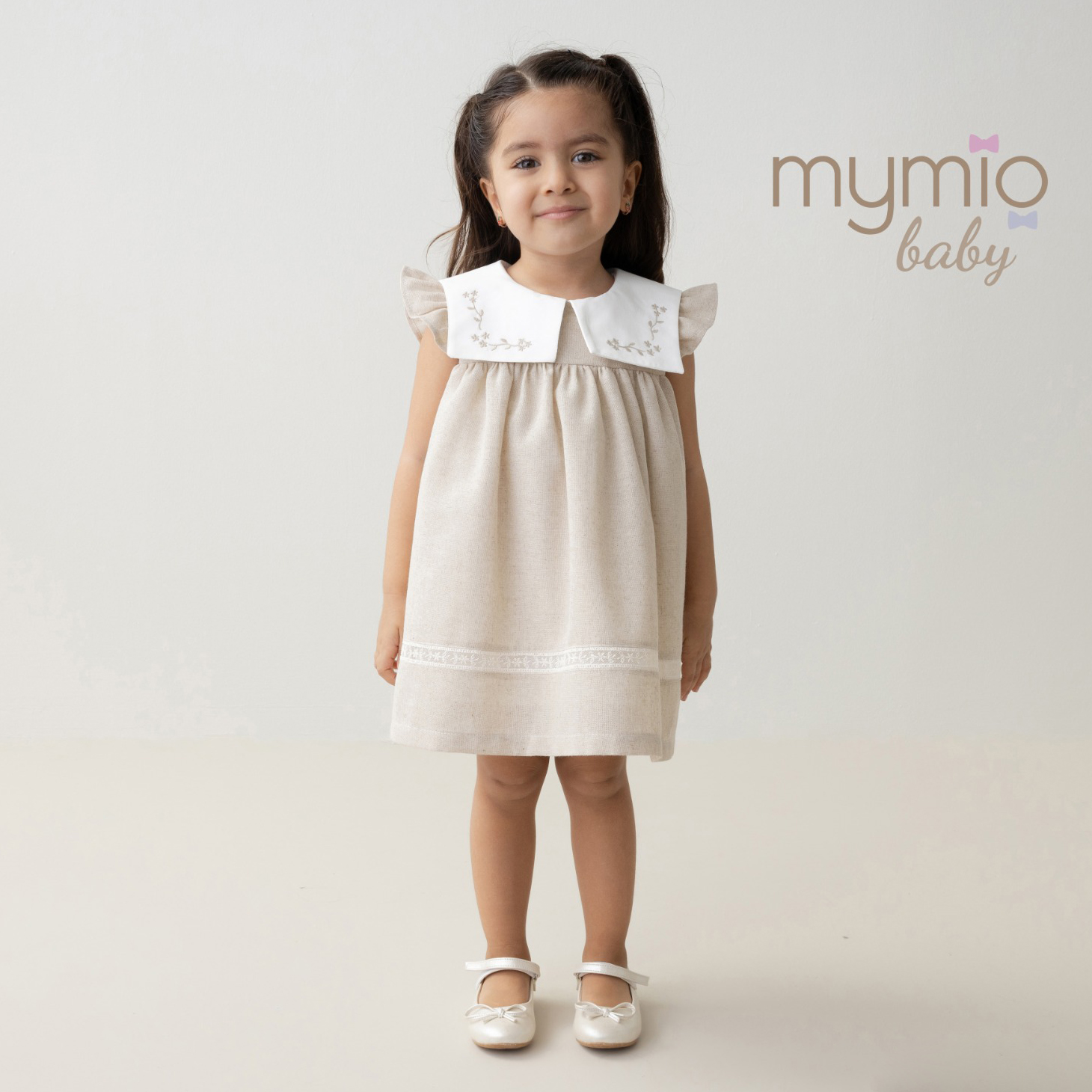 Mymio Linen Embroidered Baby Girl Dress, (4197), Brown, 6 Months
