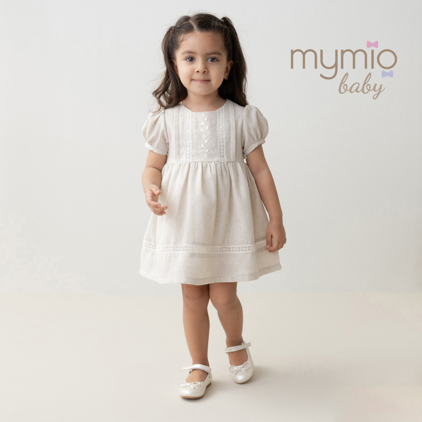 Mymio Linen Embroidered Baby Girl Dress, (4199), Brown, 6 Months