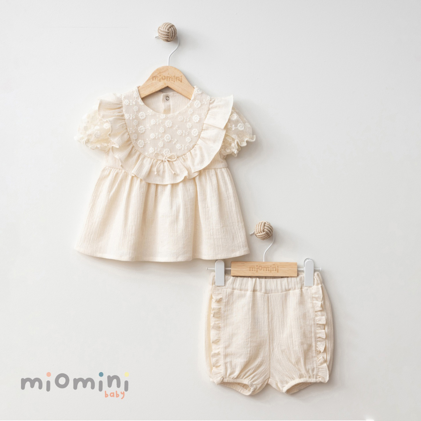 Miomini Embroidered Tulle Baby Girl 2-Piece Set with Shorts, (4254), Beige, 12 Months