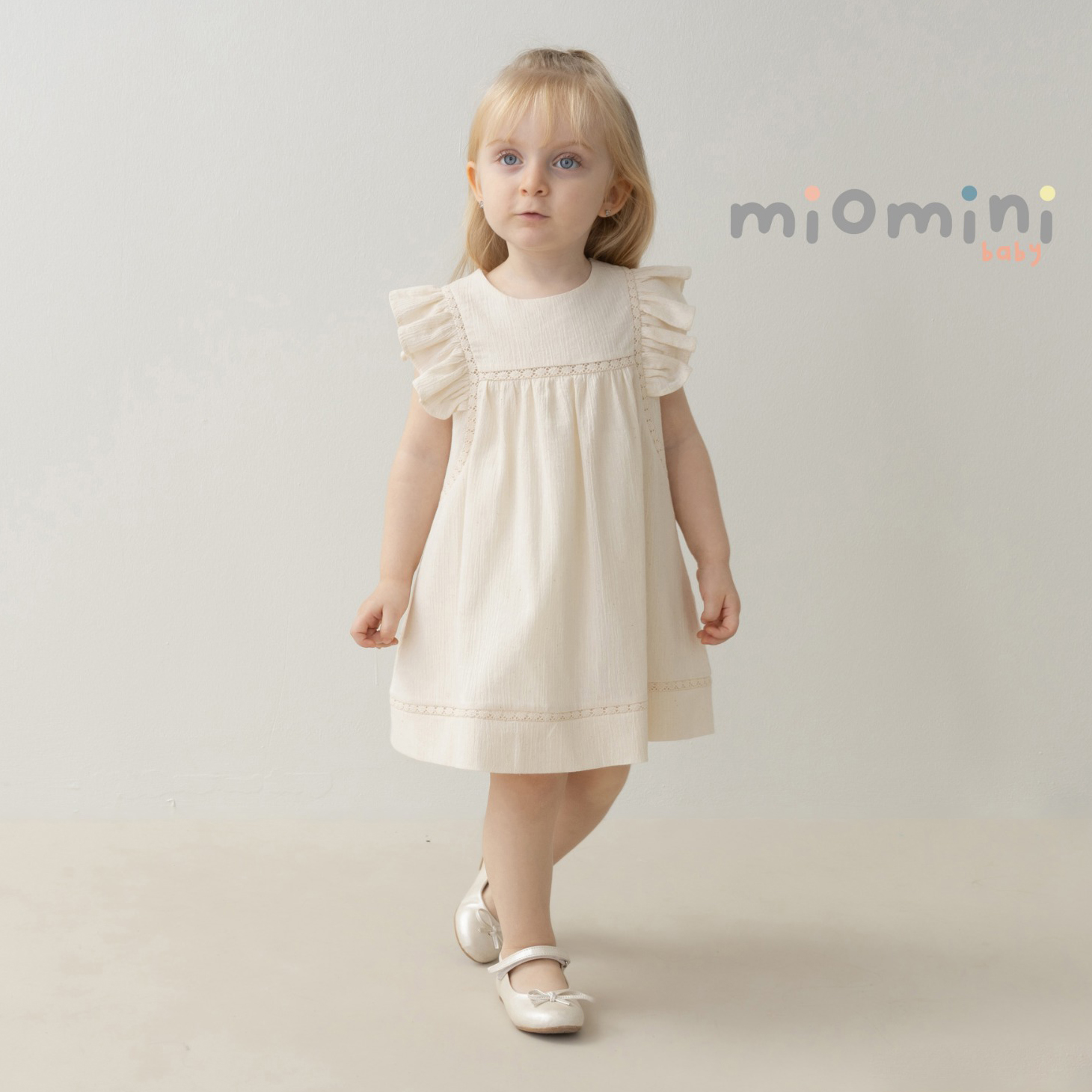 Miomini Embroidered Tulle Baby Girl Dress, (4255), Beige, 12 Months