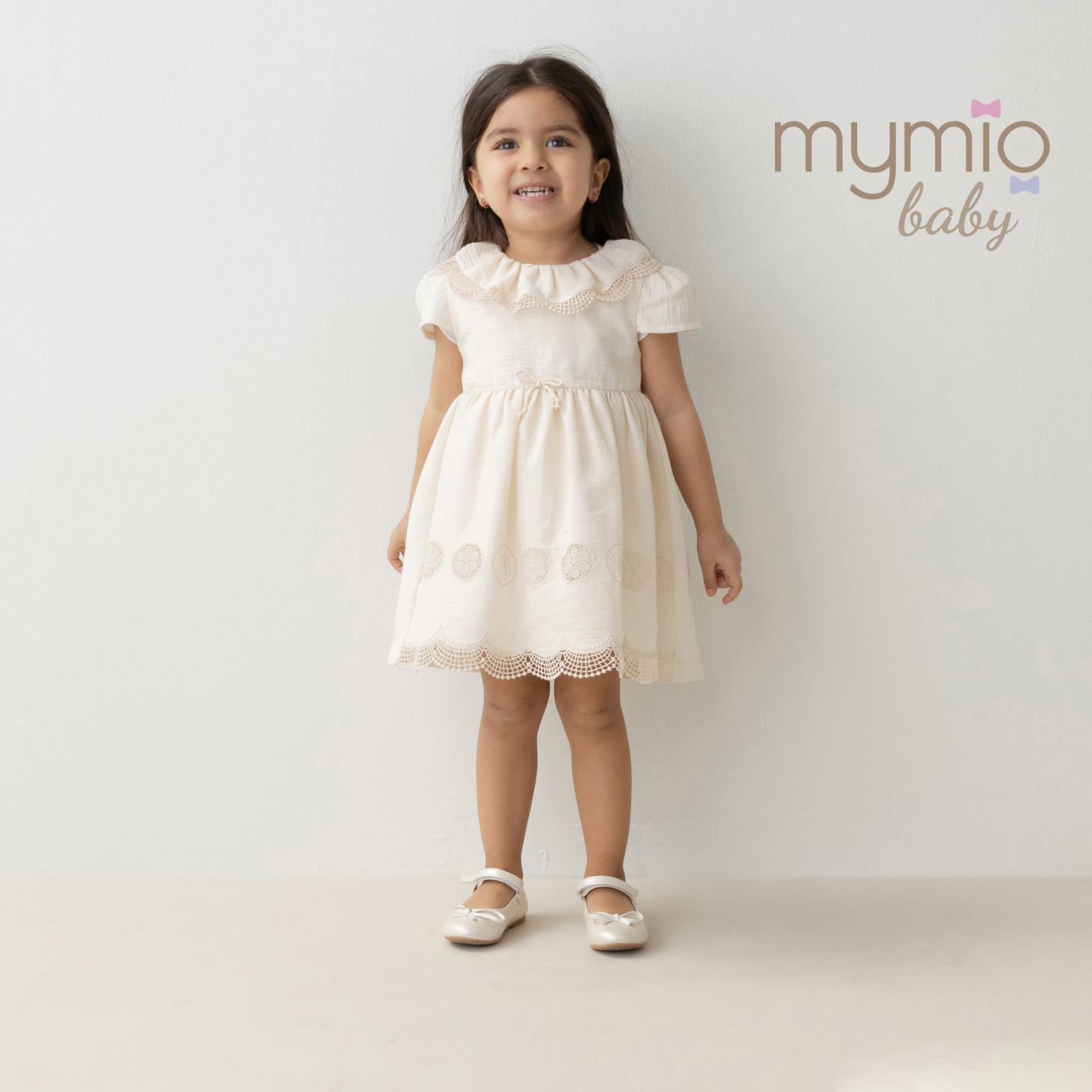 Mymio Embroidered Crinkle Baby Girl Dress, (4269), Beige, 9 Months