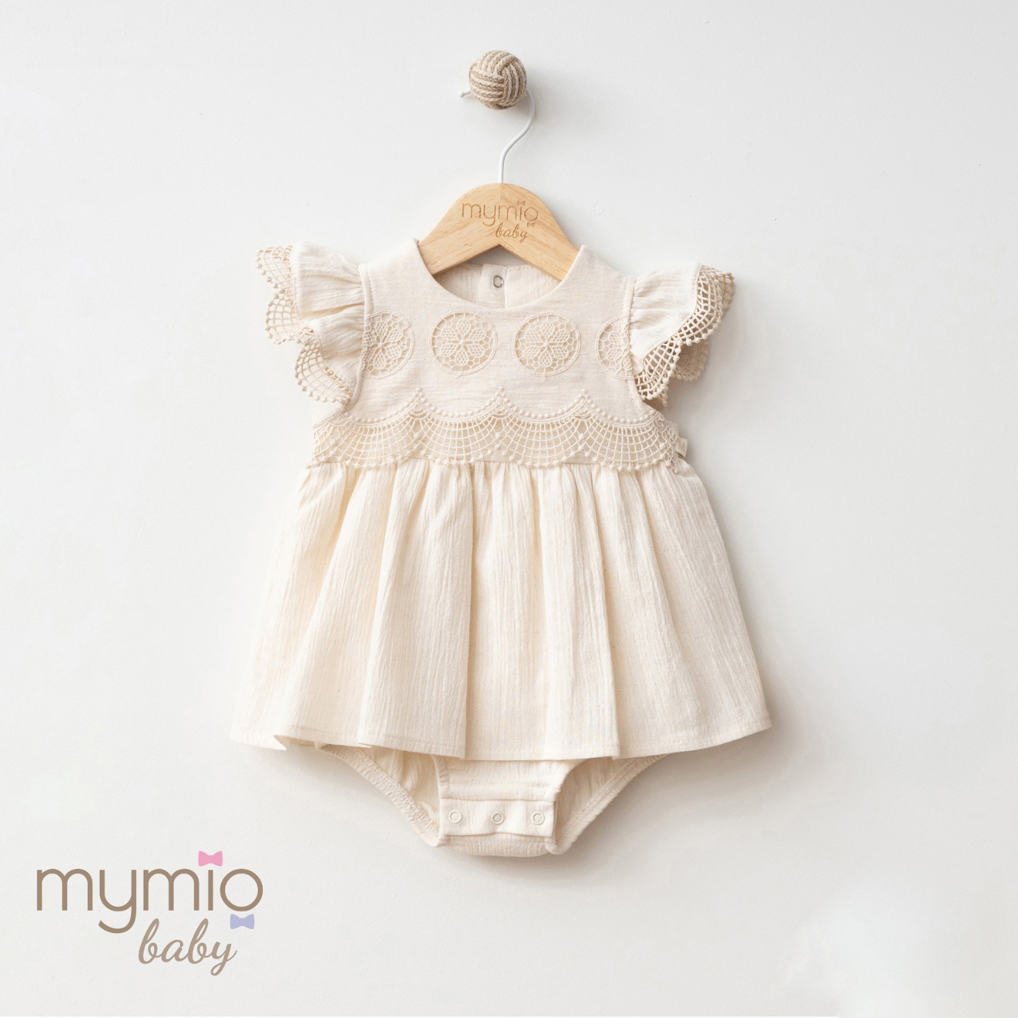 Mymio Embroidered Crinkle Baby Girl Bodysuit, (4263), Beige, 6 Months