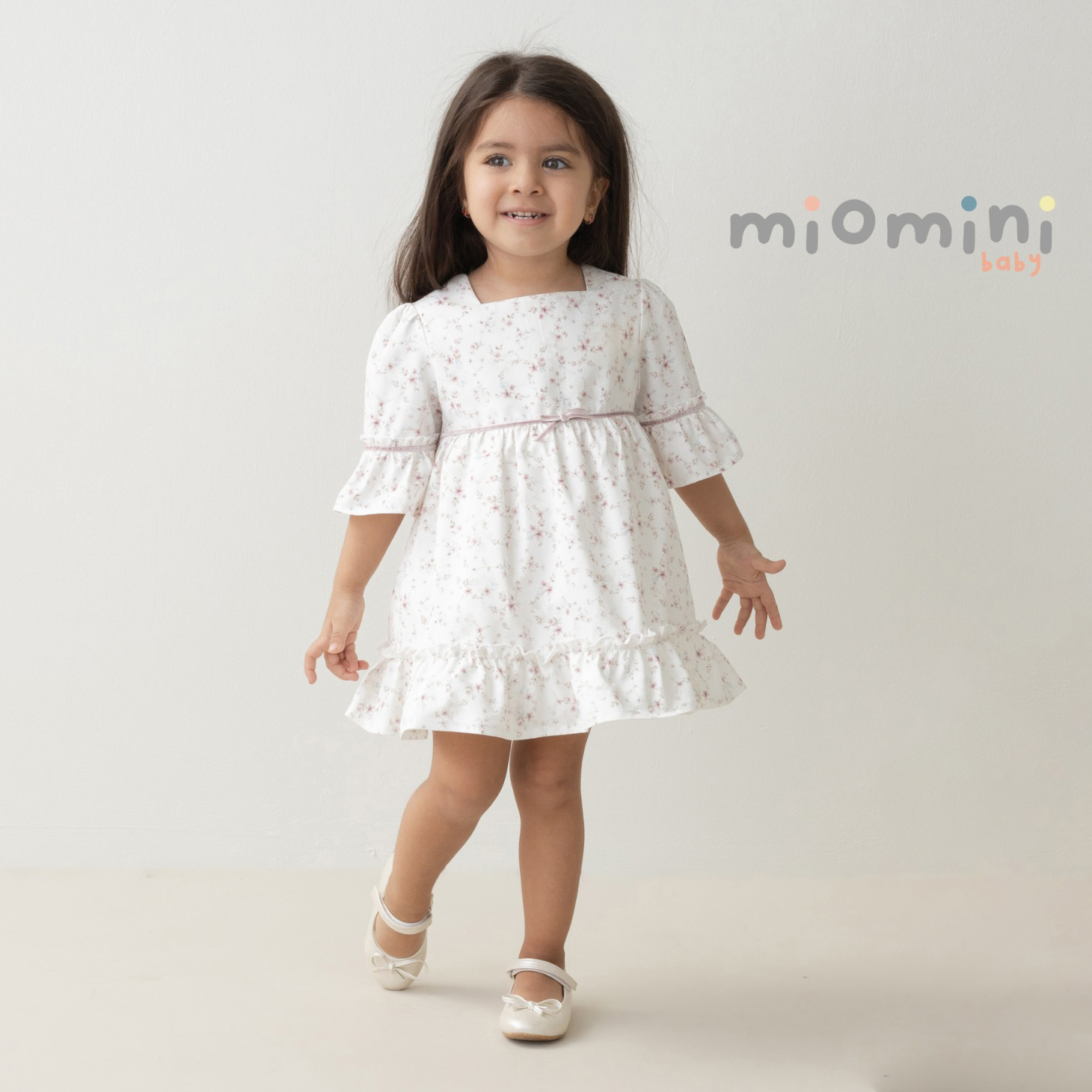 Miomini Floral Print Baby Girl Dress, (4307), Beige, 6 Months